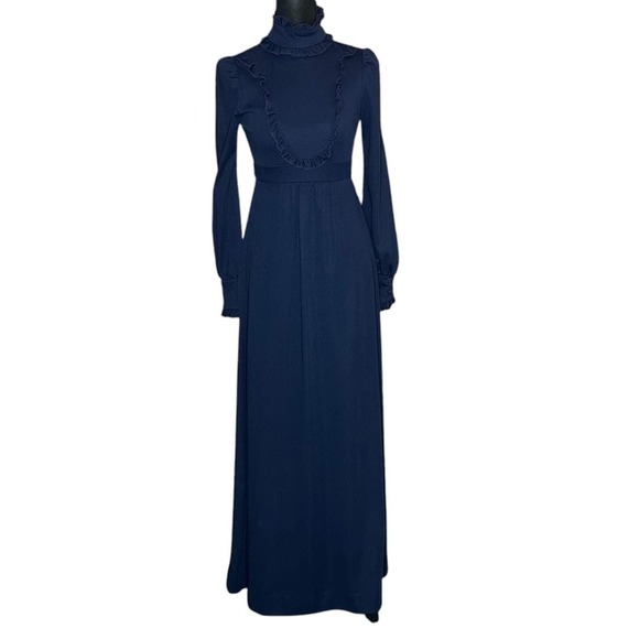 Vintage Dresses & Skirts - Vintage 70s Navy Blue Ruffle High Neck Maxi Dress Prairie Victorian Size XS